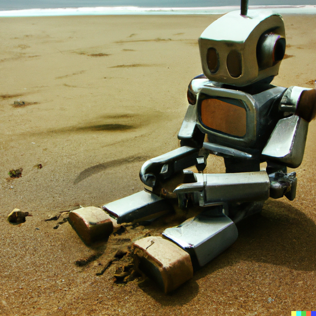 DALL·E 2023-03-16 06.59.23 - The robot that lost its family sits sadly on the beach_.png